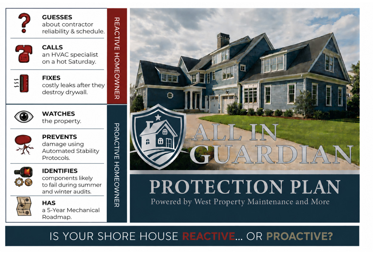 West's Property Maintenance postcard — All In Guardian Protection Plan for shore homes in Ventnor, Margate, Longport, and Ocean City Gardens NJ